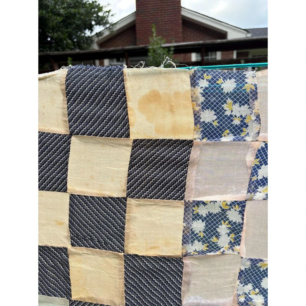 Vintage Handmade Checkerboard Patchwork Quilt Top Cottage Farmhouse Bedding